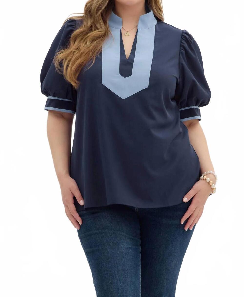 NEW ENTRO short bubble sleeve pullover - plus in navy